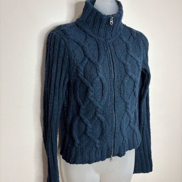 Abercrombie & Fitch Y2K Lambs Wool Blend full zip navy  Cableknit Cardigan small - Picture 2 of 8